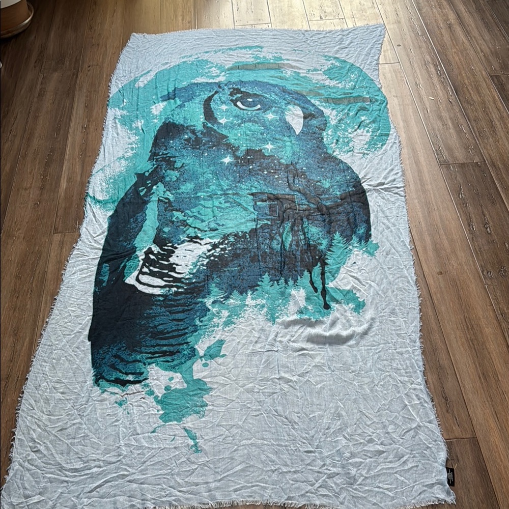 Blue pacific cashmere and silk Owl Print Scarf in‎ Teal light blue and Black